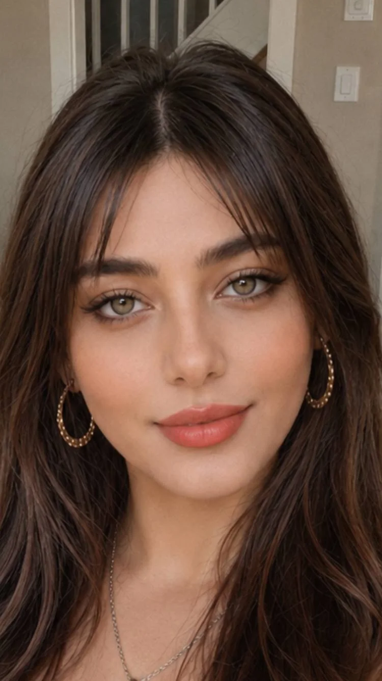 Kiara portrait with brunette hair and gold hoop earrings