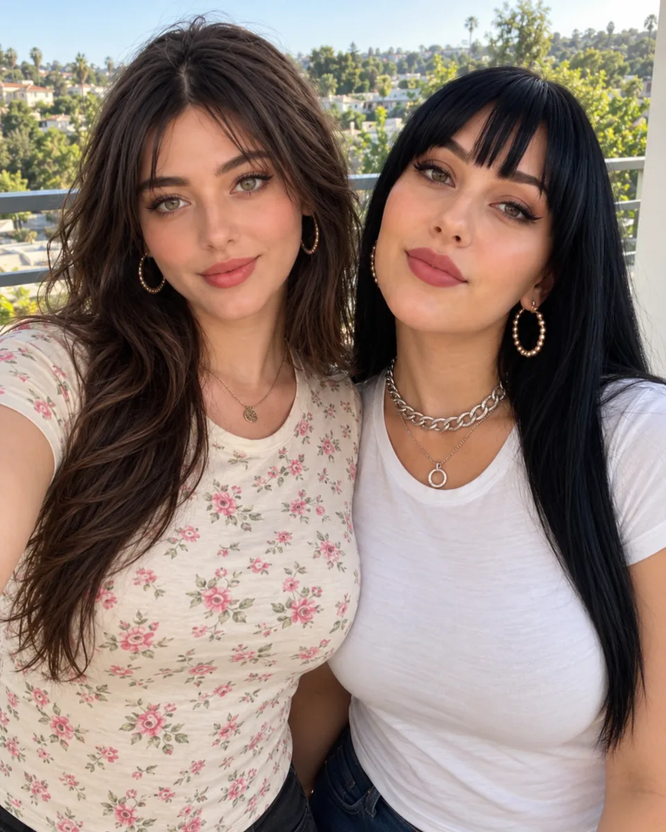 Two friends posing together outdoors