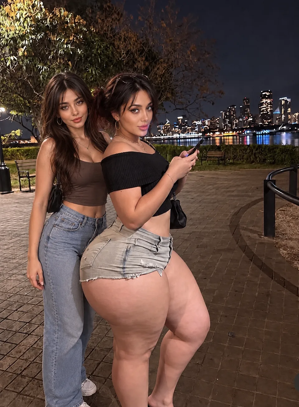 Two friends together by the waterfront at night